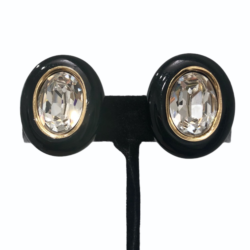 CHRISTIAN DIOR BLACK ENAMEL & FACETED CRYSTAL OVAL CLIP ON EARRINGS - Picture 7 of 16